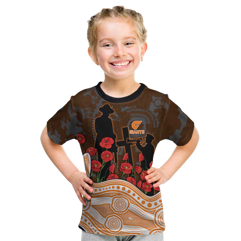 GWS Giants ANZAC Day Kid T Shirt Indigenous Dot Art with Poppy Flower Tribute