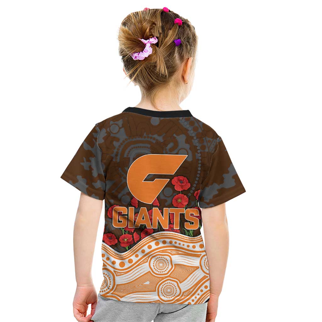 GWS Giants ANZAC Day Kid T Shirt Indigenous Dot Art with Poppy Flower Tribute