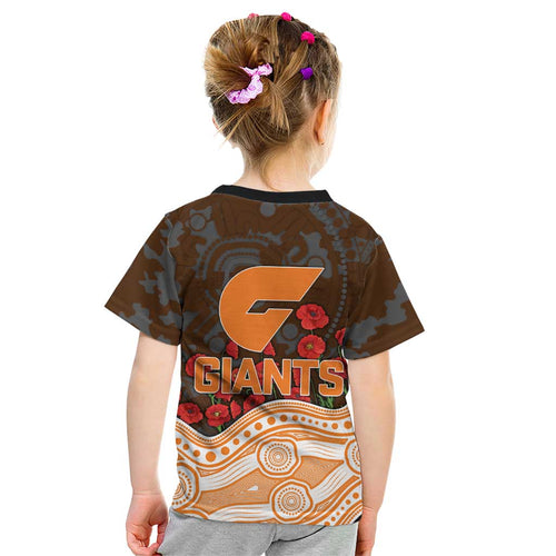 GWS Giants ANZAC Day Kid T Shirt Indigenous Dot Art with Poppy Flower Tribute