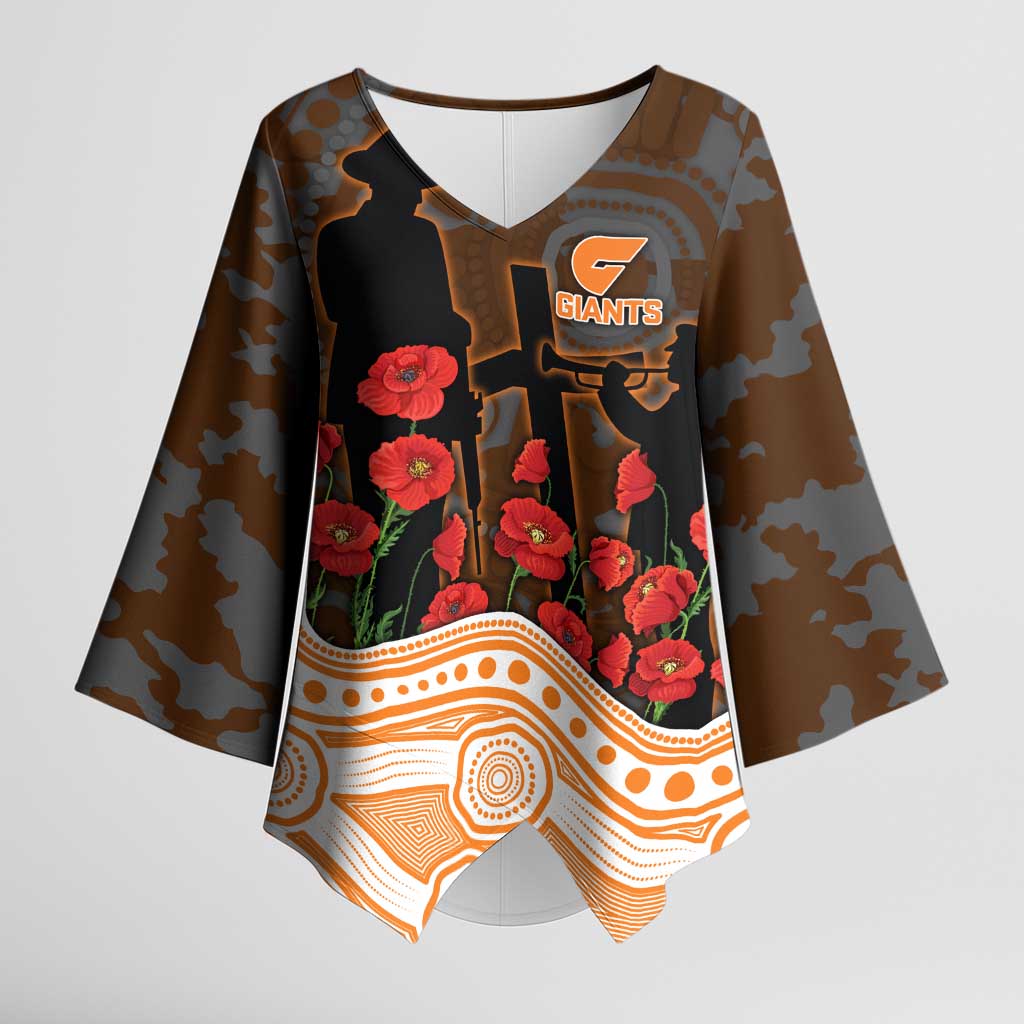 GWS Giants ANZAC Day Kimono Sleeve Blouse Indigenous Dot Art with Poppy Flower Tribute