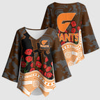GWS Giants ANZAC Day Kimono Sleeve Blouse Indigenous Dot Art with Poppy Flower Tribute