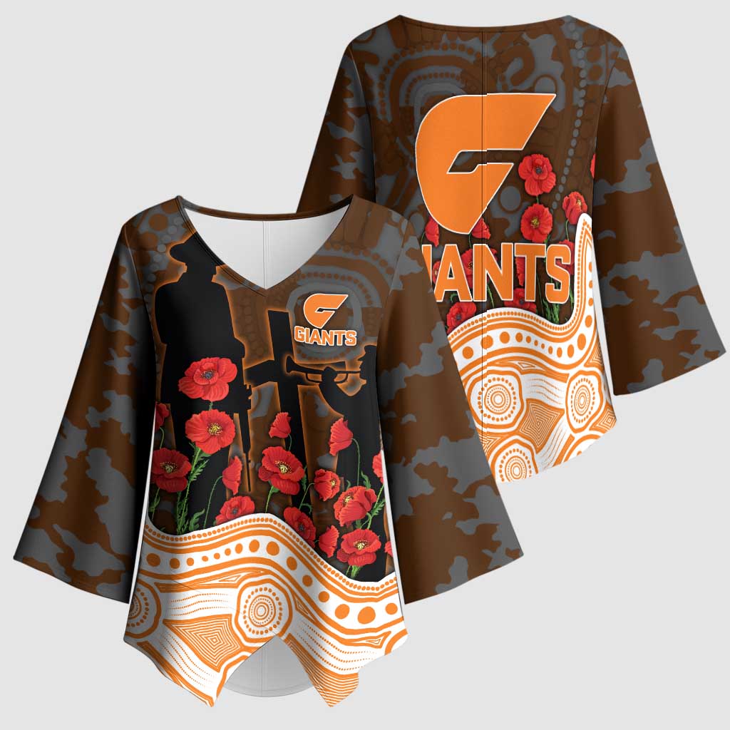 GWS Giants ANZAC Day Kimono Sleeve Blouse Indigenous Dot Art with Poppy Flower Tribute