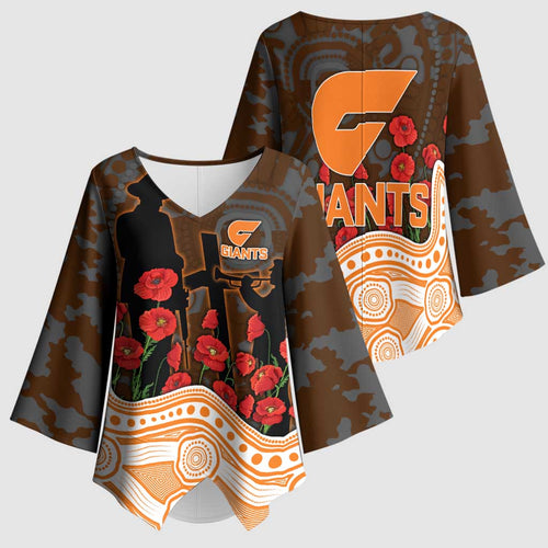 GWS Giants ANZAC Day Kimono Sleeve Blouse Indigenous Dot Art with Poppy Flower Tribute