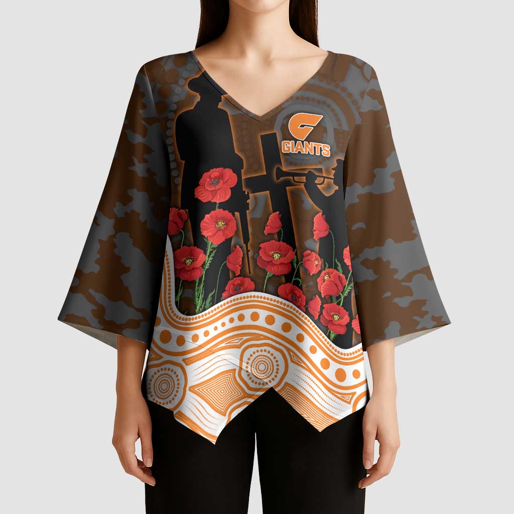GWS Giants ANZAC Day Kimono Sleeve Blouse Indigenous Dot Art with Poppy Flower Tribute