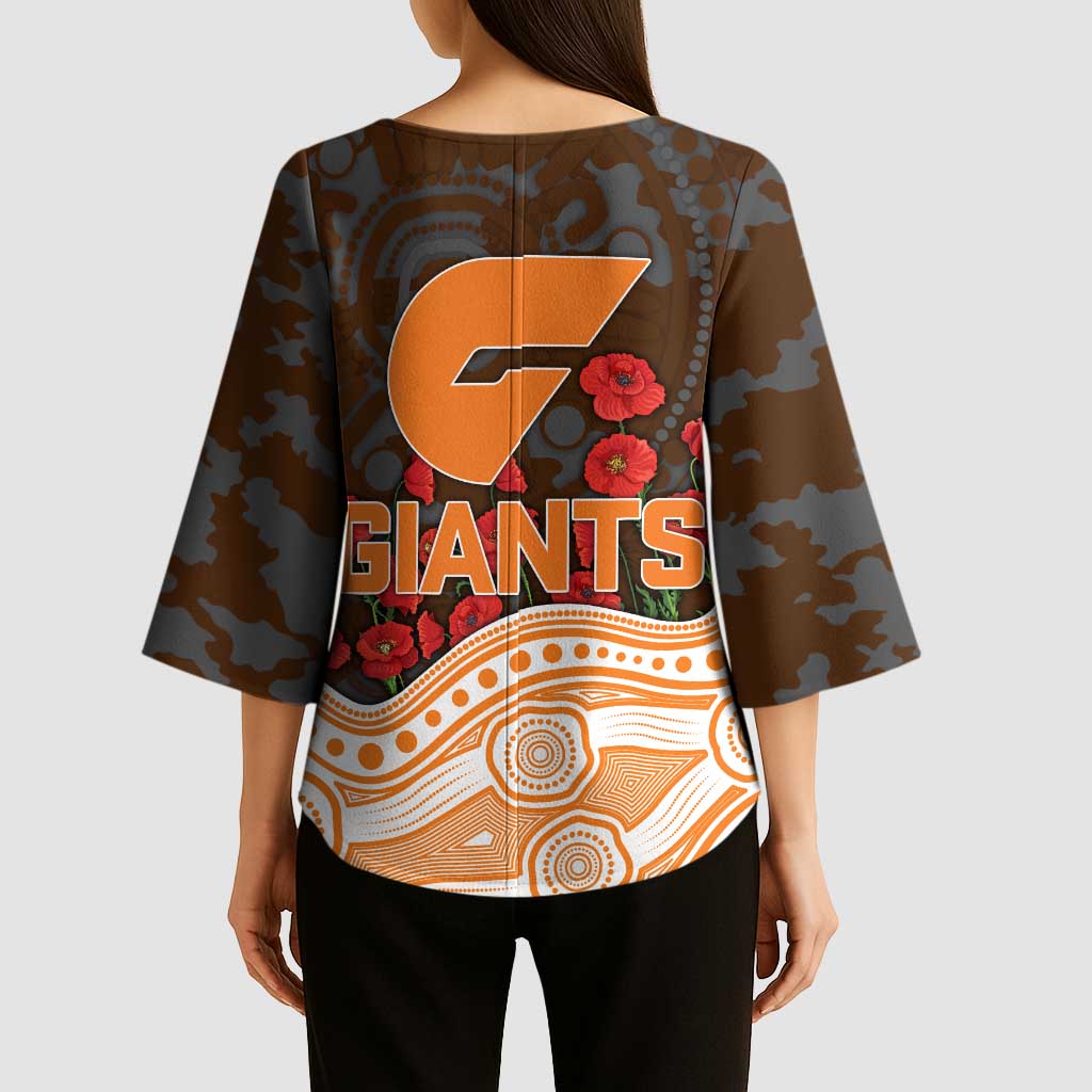 GWS Giants ANZAC Day Kimono Sleeve Blouse Indigenous Dot Art with Poppy Flower Tribute