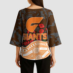 GWS Giants ANZAC Day Kimono Sleeve Blouse Indigenous Dot Art with Poppy Flower Tribute