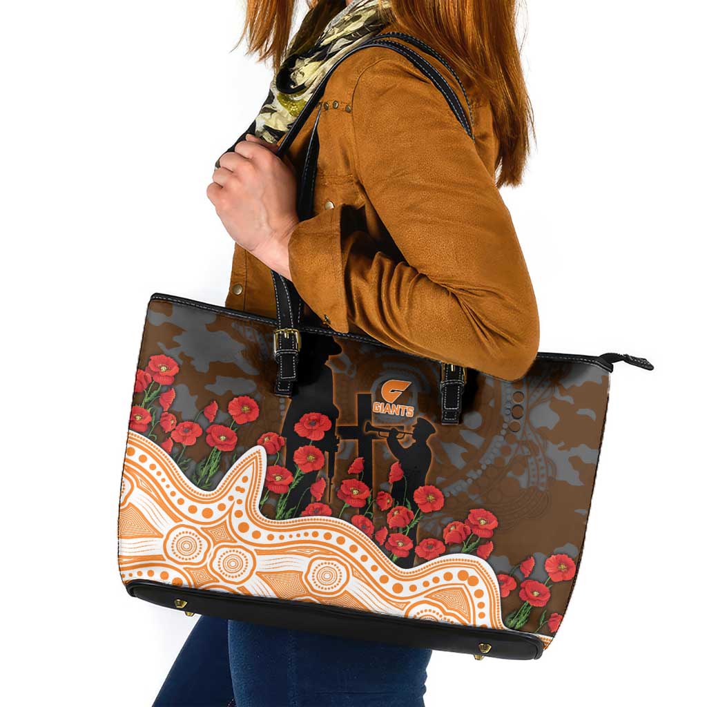 GWS Giants ANZAC Day Leather Tote Bag Indigenous Dot Art with Poppy Flower Tribute
