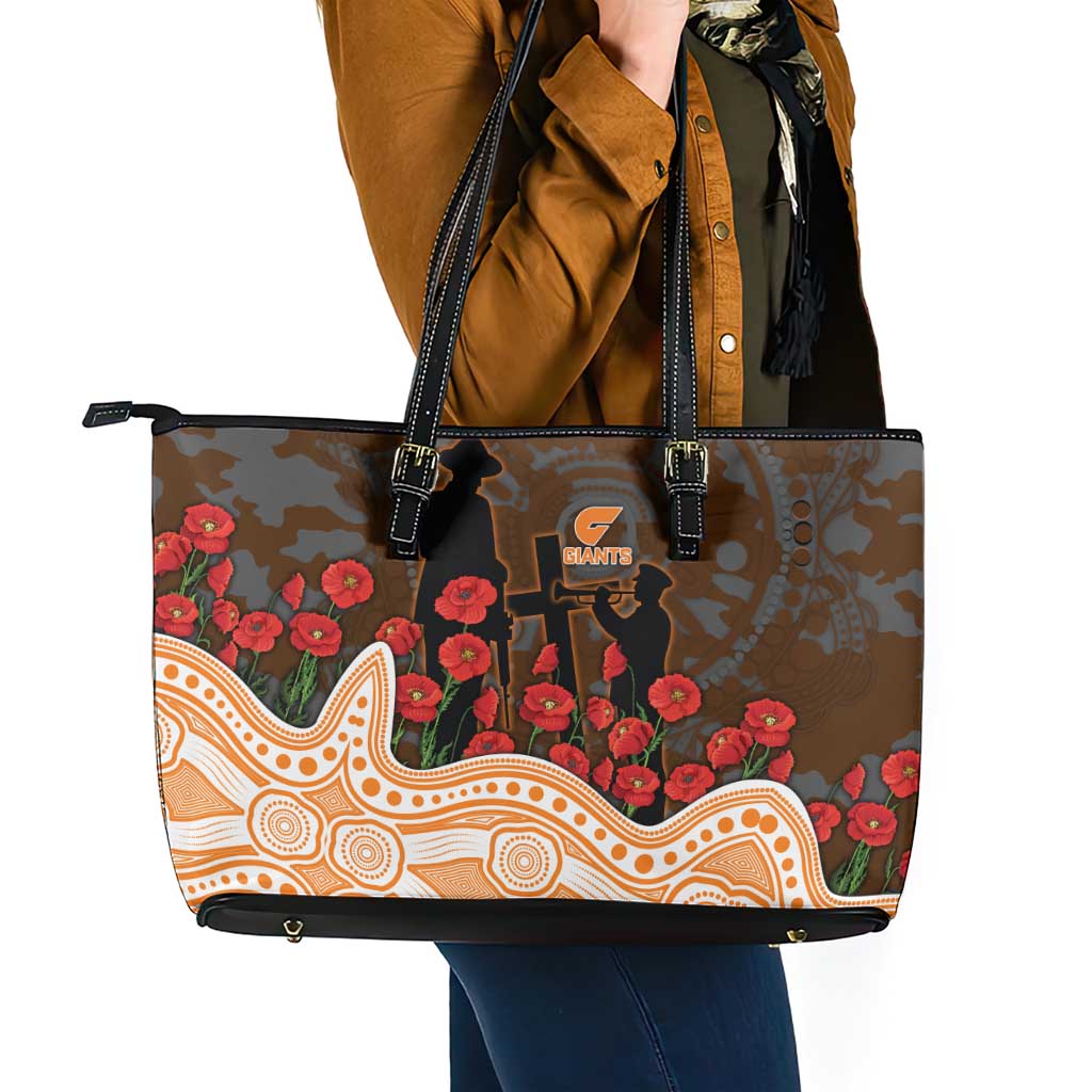 GWS Giants ANZAC Day Leather Tote Bag Indigenous Dot Art with Poppy Flower Tribute