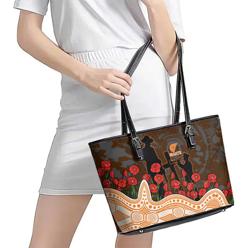 GWS Giants ANZAC Day Leather Tote Bag Indigenous Dot Art with Poppy Flower Tribute