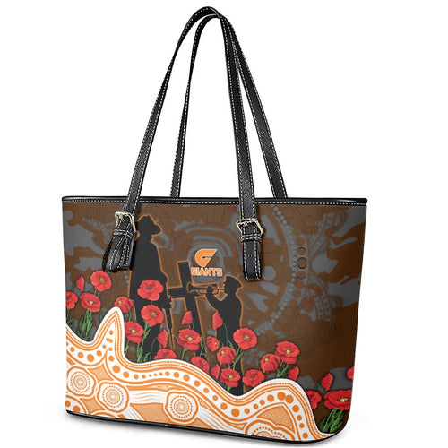 GWS Giants ANZAC Day Leather Tote Bag Indigenous Dot Art with Poppy Flower Tribute