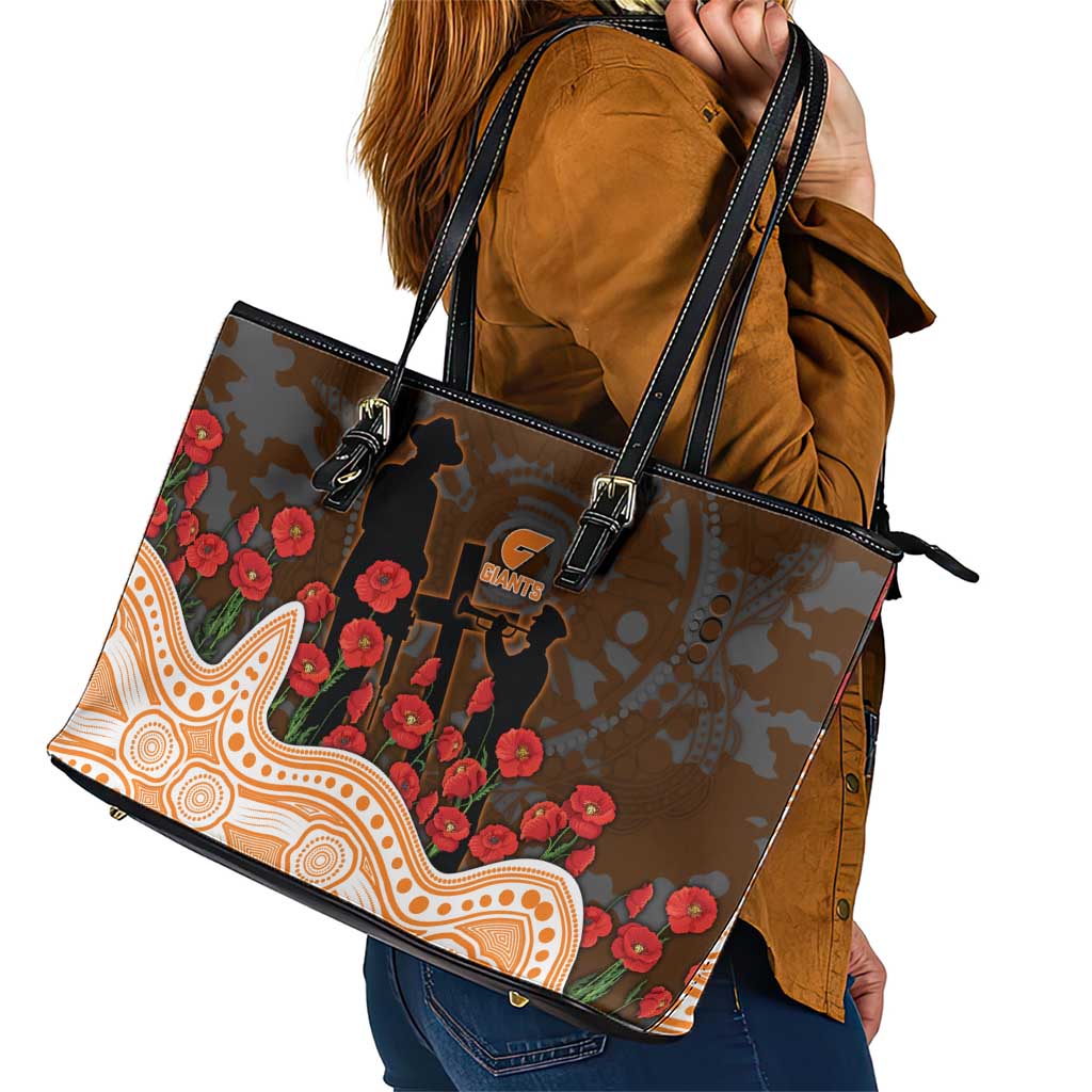 GWS Giants ANZAC Day Leather Tote Bag Indigenous Dot Art with Poppy Flower Tribute