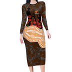 GWS Giants ANZAC Day Long Sleeve Bodycon Dress Indigenous Dot Art with Poppy Flower Tribute