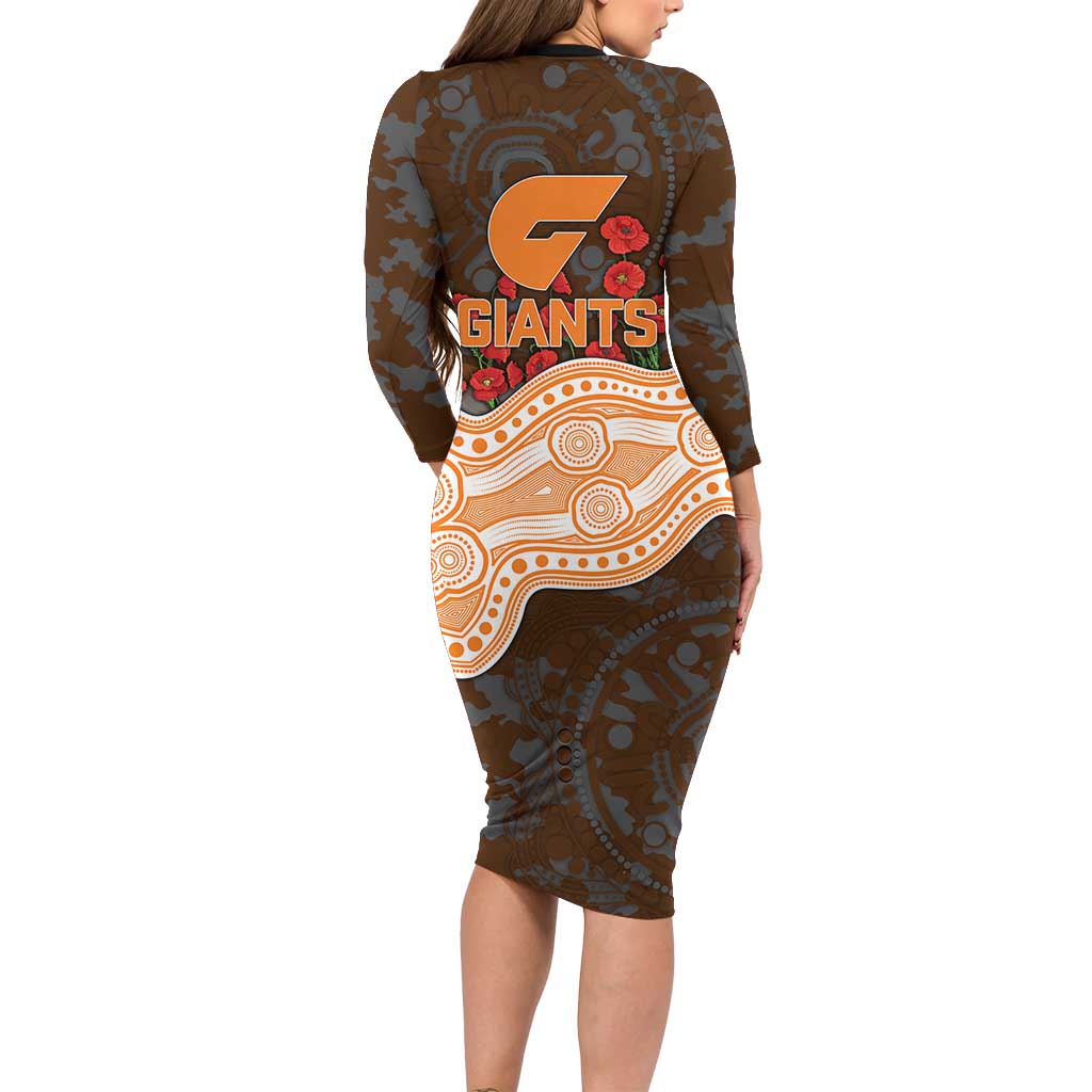 GWS Giants ANZAC Day Long Sleeve Bodycon Dress Indigenous Dot Art with Poppy Flower Tribute
