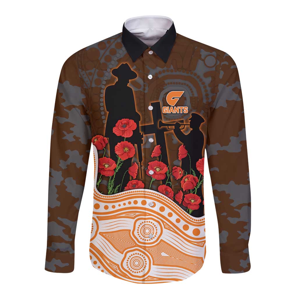 GWS Giants ANZAC Day Long Sleeve Button Shirt Indigenous Dot Art with Poppy Flower Tribute