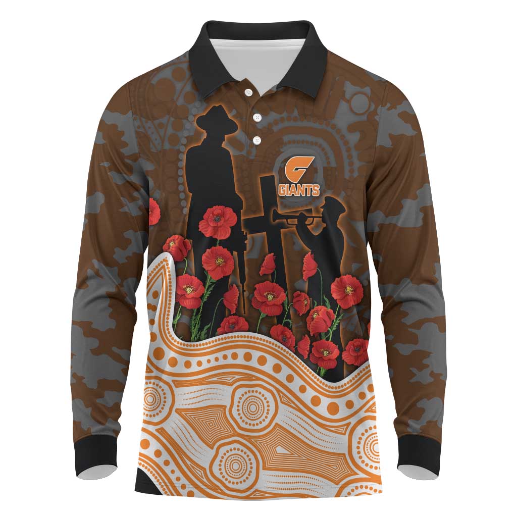 GWS Giants ANZAC Day Long Sleeve Polo Shirt Indigenous Dot Art with Poppy Flower Tribute