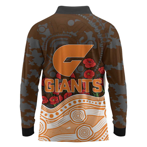 GWS Giants ANZAC Day Long Sleeve Polo Shirt Indigenous Dot Art with Poppy Flower Tribute