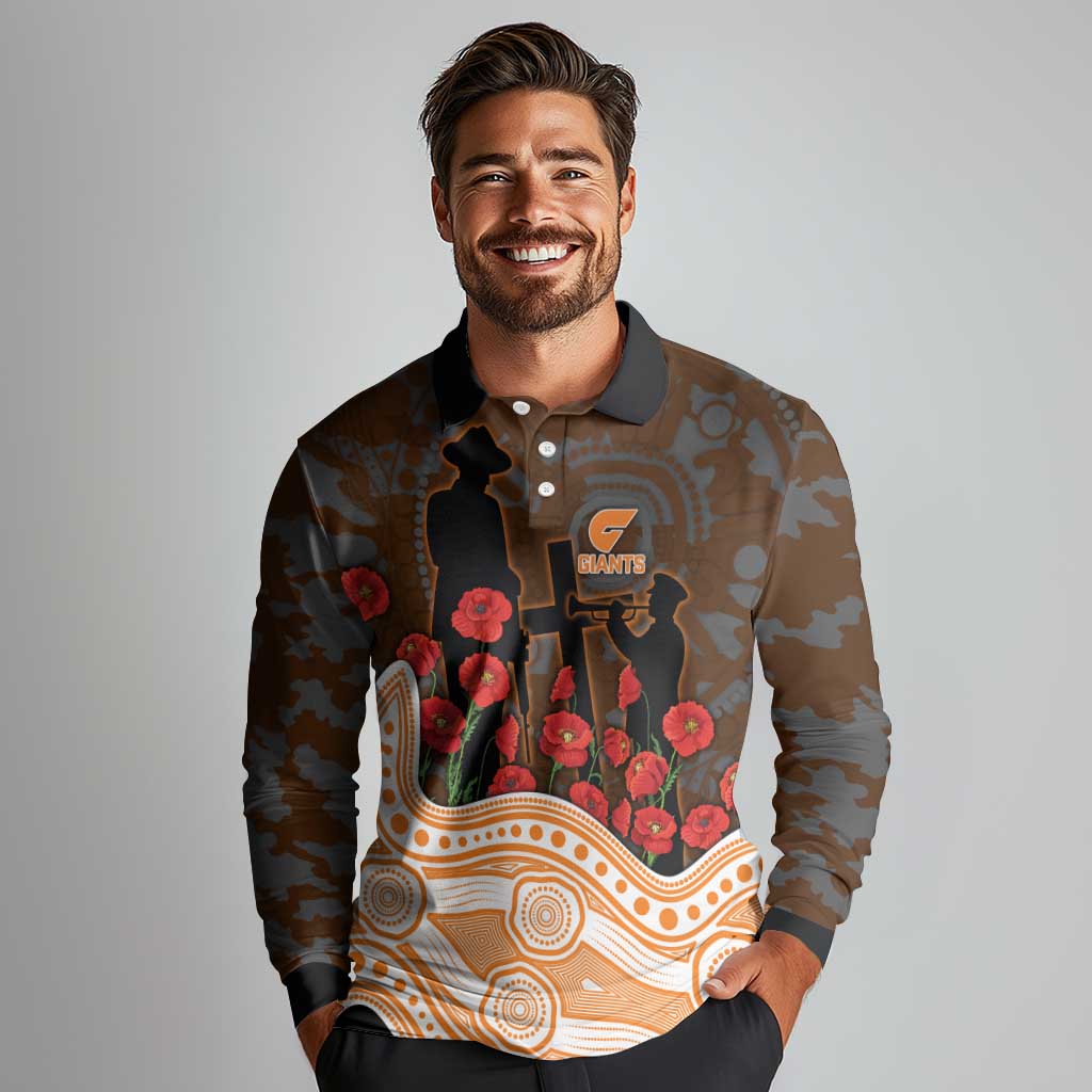 GWS Giants ANZAC Day Long Sleeve Polo Shirt Indigenous Dot Art with Poppy Flower Tribute