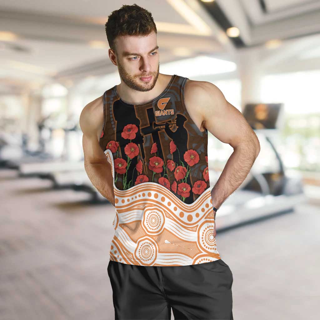 GWS Giants ANZAC Day Men Tank Top Indigenous Dot Art with Poppy Flower Tribute