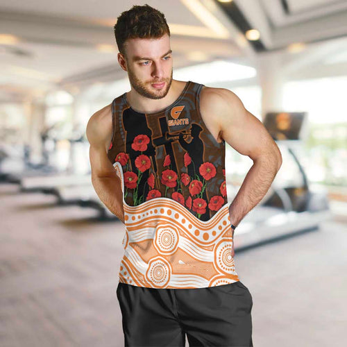 GWS Giants ANZAC Day Men Tank Top Indigenous Dot Art with Poppy Flower Tribute