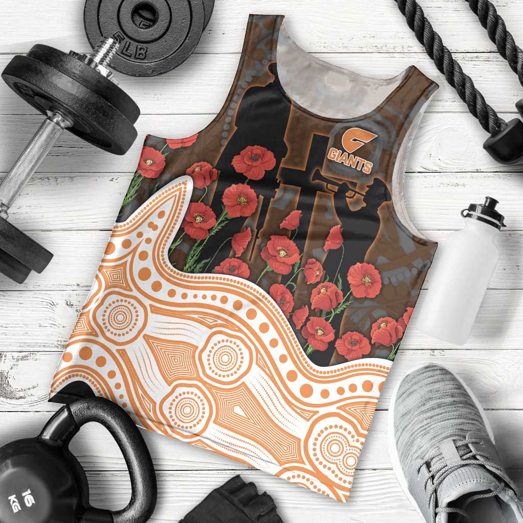 GWS Giants ANZAC Day Men Tank Top Indigenous Dot Art with Poppy Flower Tribute