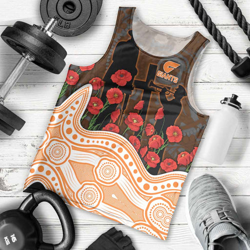 GWS Giants ANZAC Day Men Tank Top Indigenous Dot Art with Poppy Flower Tribute
