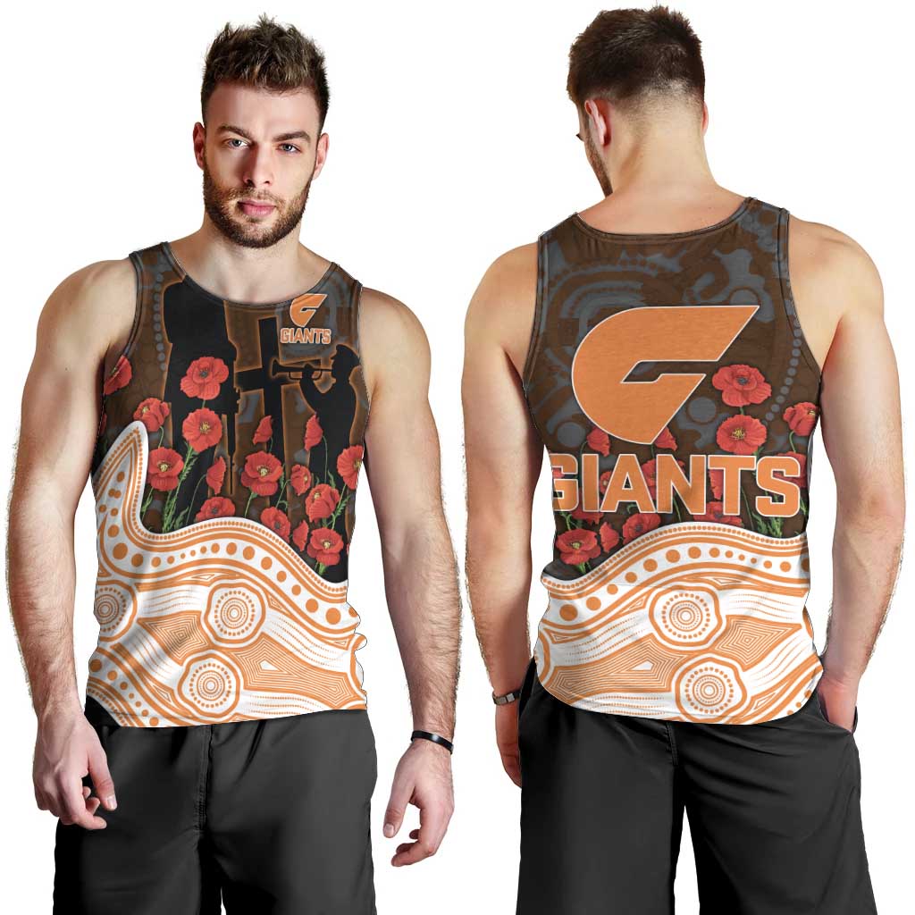 GWS Giants ANZAC Day Men Tank Top Indigenous Dot Art with Poppy Flower Tribute