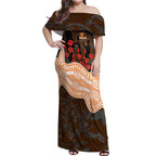 GWS Giants ANZAC Day Off Shoulder Maxi Dress Indigenous Dot Art with Poppy Flower Tribute