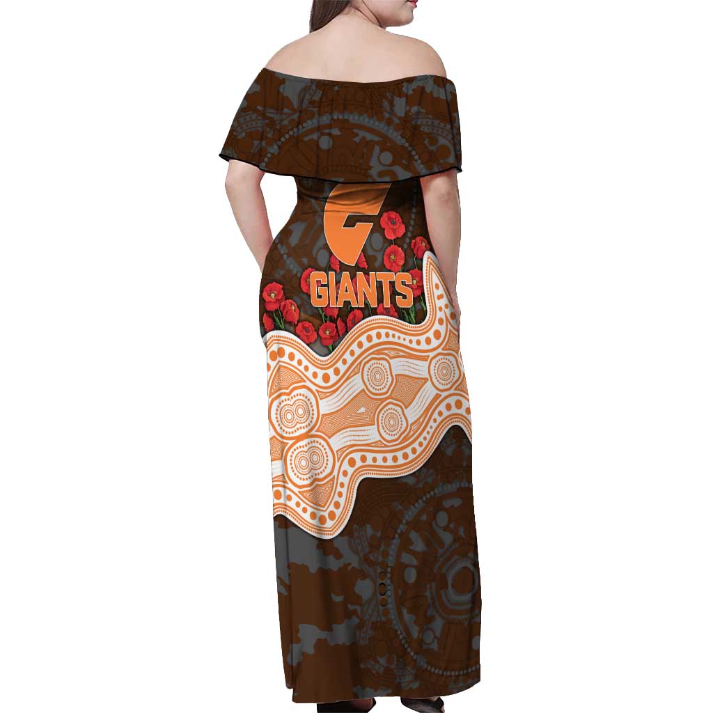 GWS Giants ANZAC Day Off Shoulder Maxi Dress Indigenous Dot Art with Poppy Flower Tribute