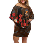 GWS Giants ANZAC Day Off Shoulder Short Dress Indigenous Dot Art with Poppy Flower Tribute