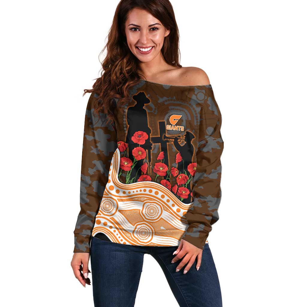 GWS Giants ANZAC Day Off Shoulder Sweater Indigenous Dot Art with Poppy Flower Tribute