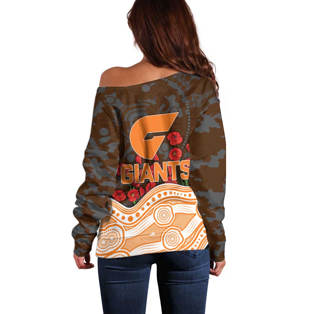 GWS Giants ANZAC Day Off Shoulder Sweater Indigenous Dot Art with Poppy Flower Tribute