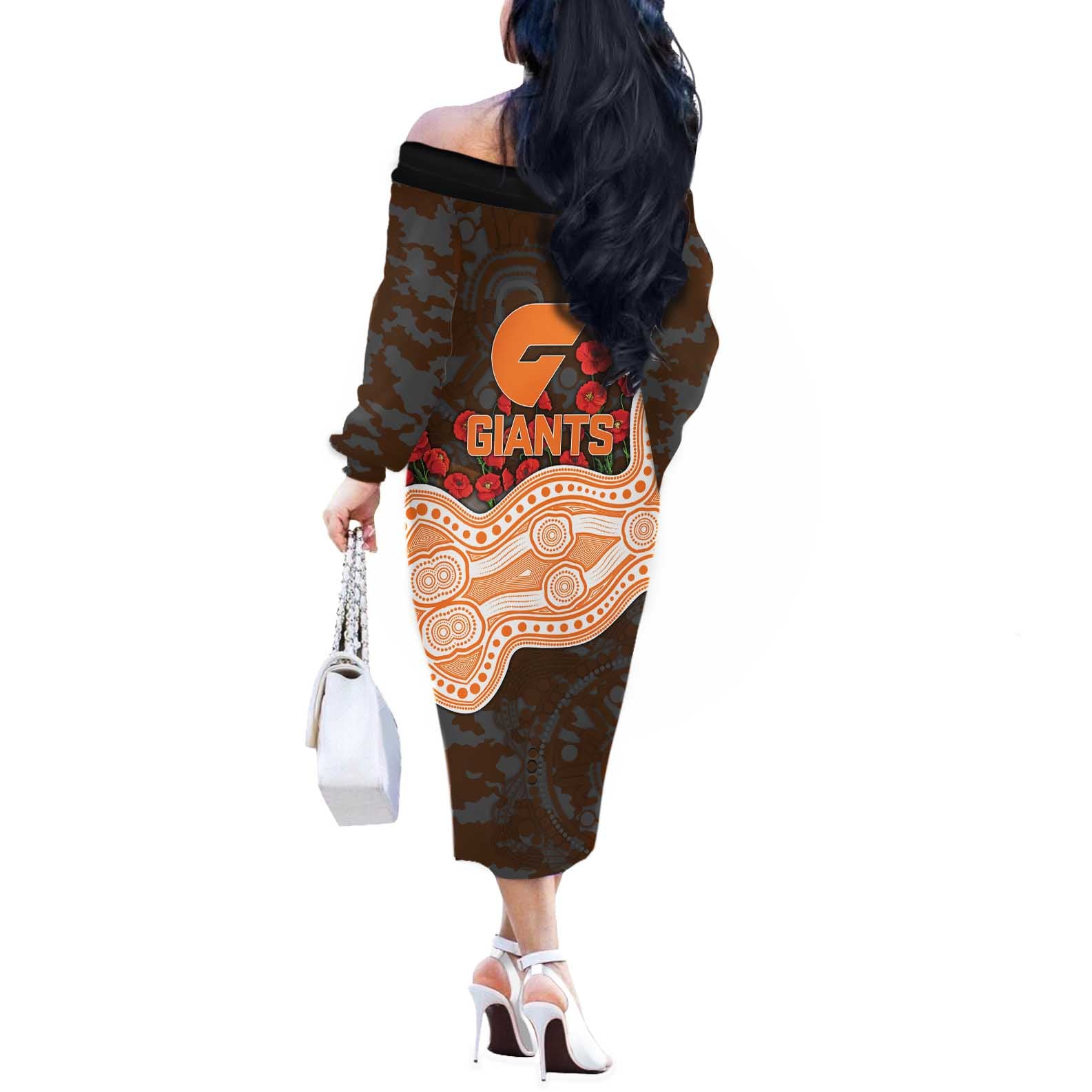 GWS Giants ANZAC Day Off The Shoulder Long Sleeve Dress Indigenous Dot Art with Poppy Flower Tribute