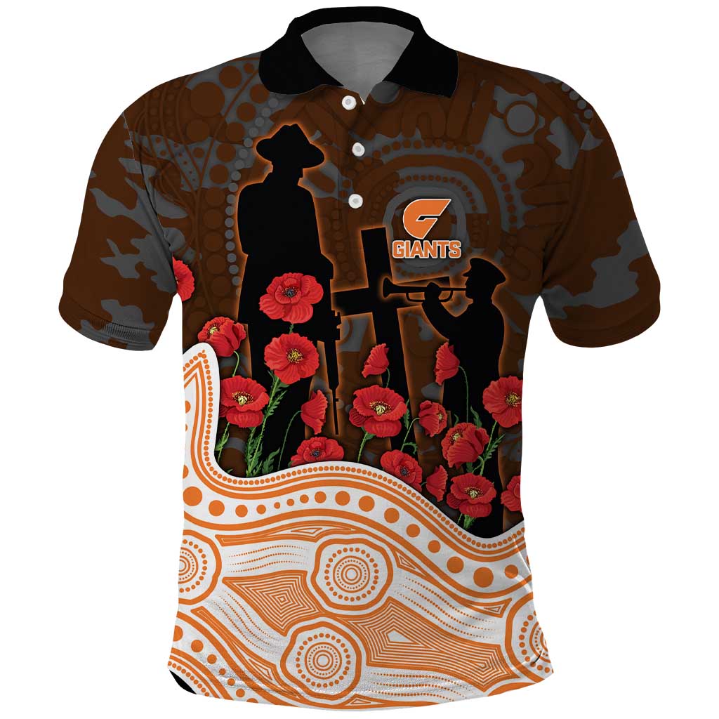 GWS Giants ANZAC Day Polo Shirt Indigenous Dot Art with Poppy Flower Tribute