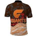 GWS Giants ANZAC Day Polo Shirt Indigenous Dot Art with Poppy Flower Tribute