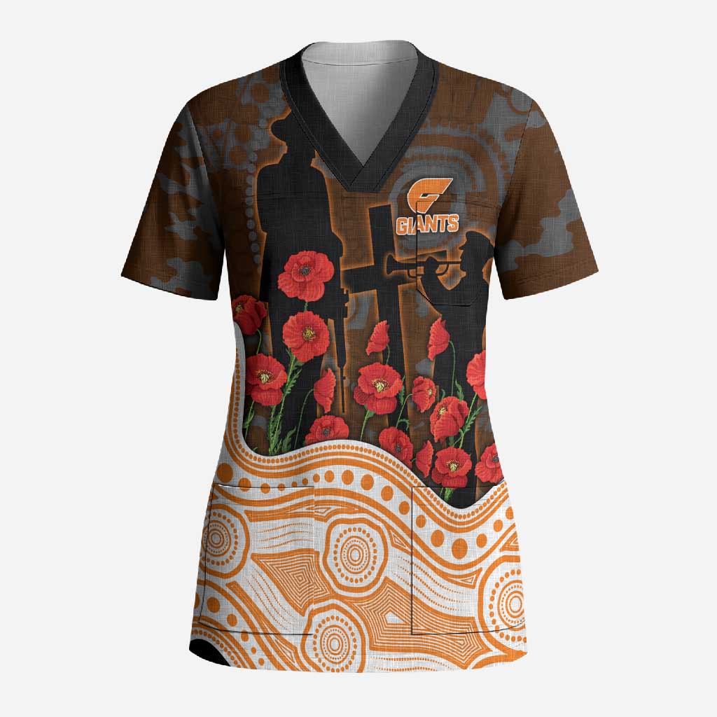 GWS Giants ANZAC Day Scrub Top Indigenous Dot Art with Poppy Flower Tribute