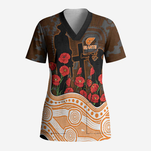 GWS Giants ANZAC Day Scrub Top Indigenous Dot Art with Poppy Flower Tribute
