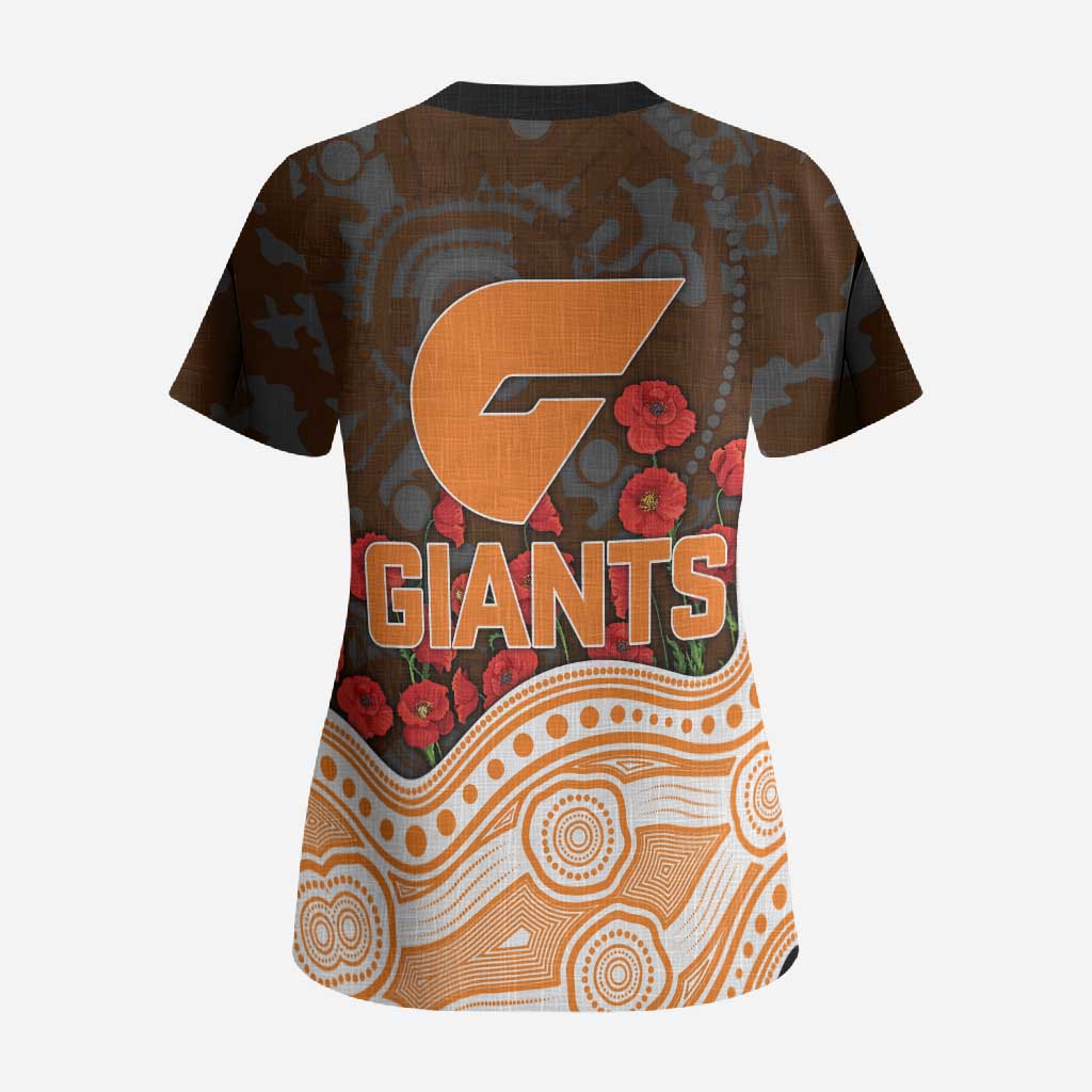 GWS Giants ANZAC Day Scrub Top Indigenous Dot Art with Poppy Flower Tribute