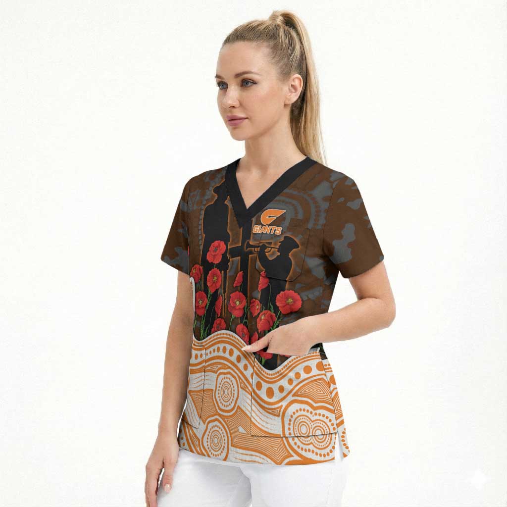 GWS Giants ANZAC Day Scrub Top Indigenous Dot Art with Poppy Flower Tribute