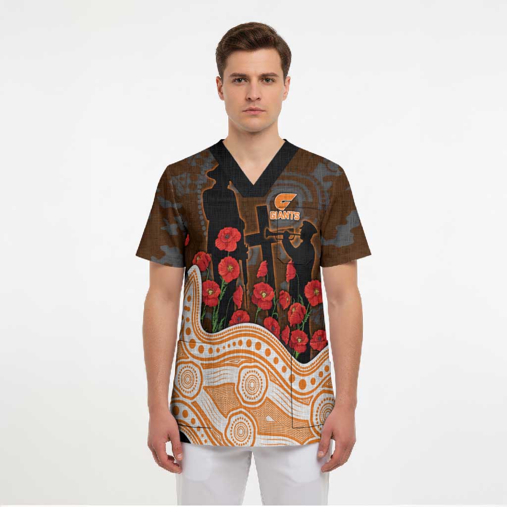 GWS Giants ANZAC Day Scrub Top Indigenous Dot Art with Poppy Flower Tribute