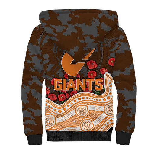 GWS Giants ANZAC Day Sherpa Hoodie Indigenous Dot Art with Poppy Flower Tribute