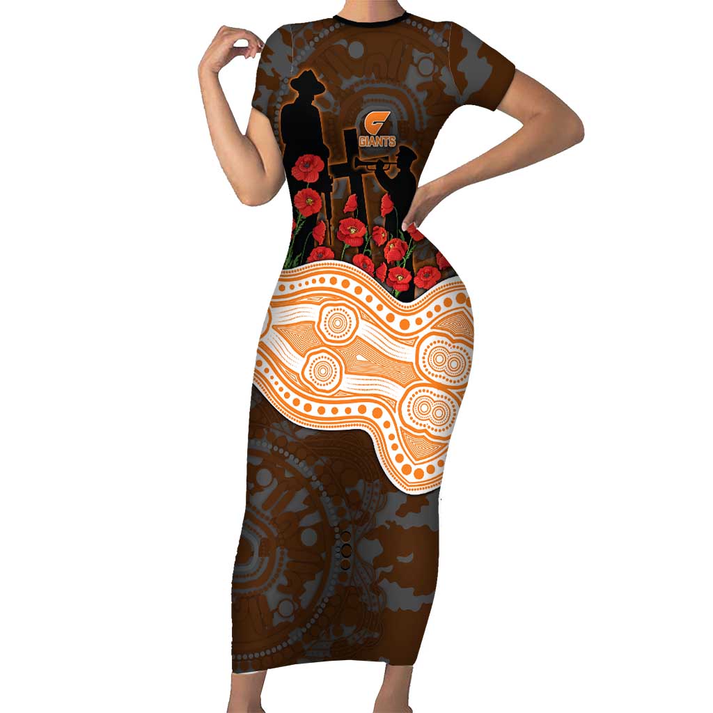 GWS Giants ANZAC Day Short Sleeve Bodycon Dress Indigenous Dot Art with Poppy Flower Tribute