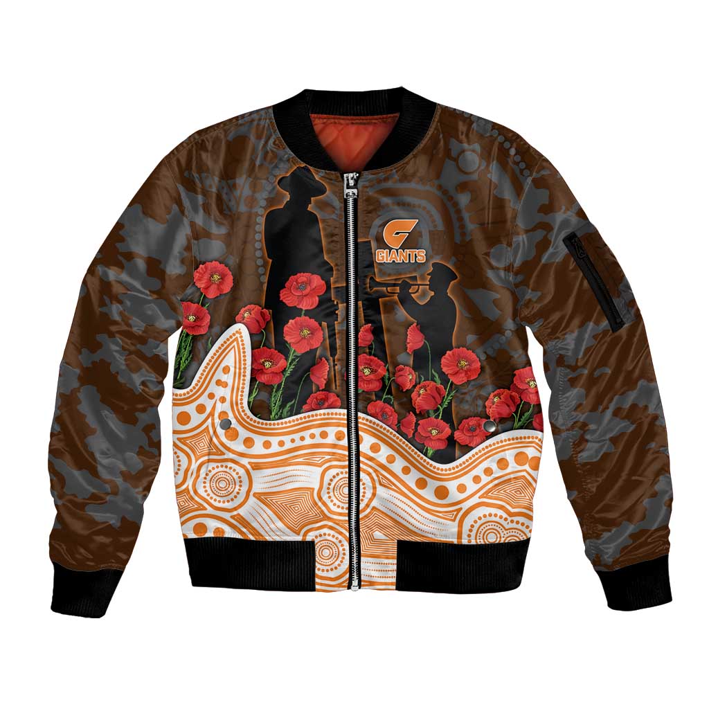 GWS Giants ANZAC Day Sleeve Zip Bomber Jacket Indigenous Dot Art with Poppy Flower Tribute
