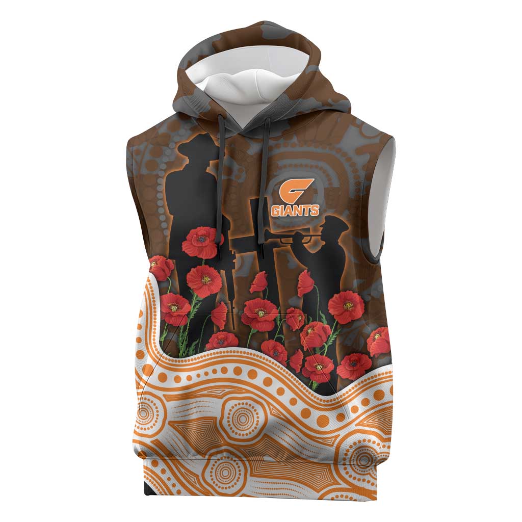 GWS Giants ANZAC Day Sleeveless Hoodie Indigenous Dot Art with Poppy Flower Tribute