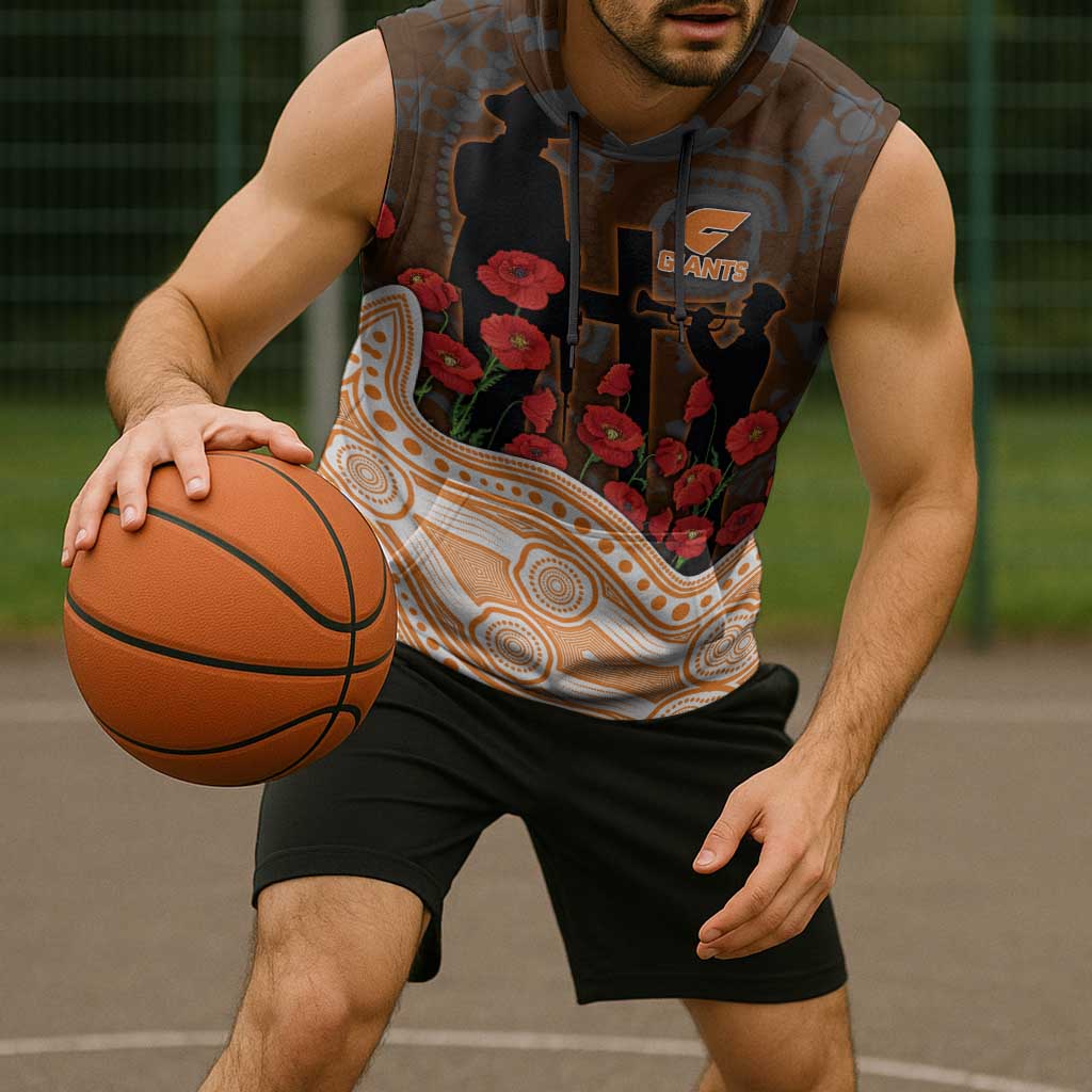 GWS Giants ANZAC Day Sleeveless Hoodie Indigenous Dot Art with Poppy Flower Tribute