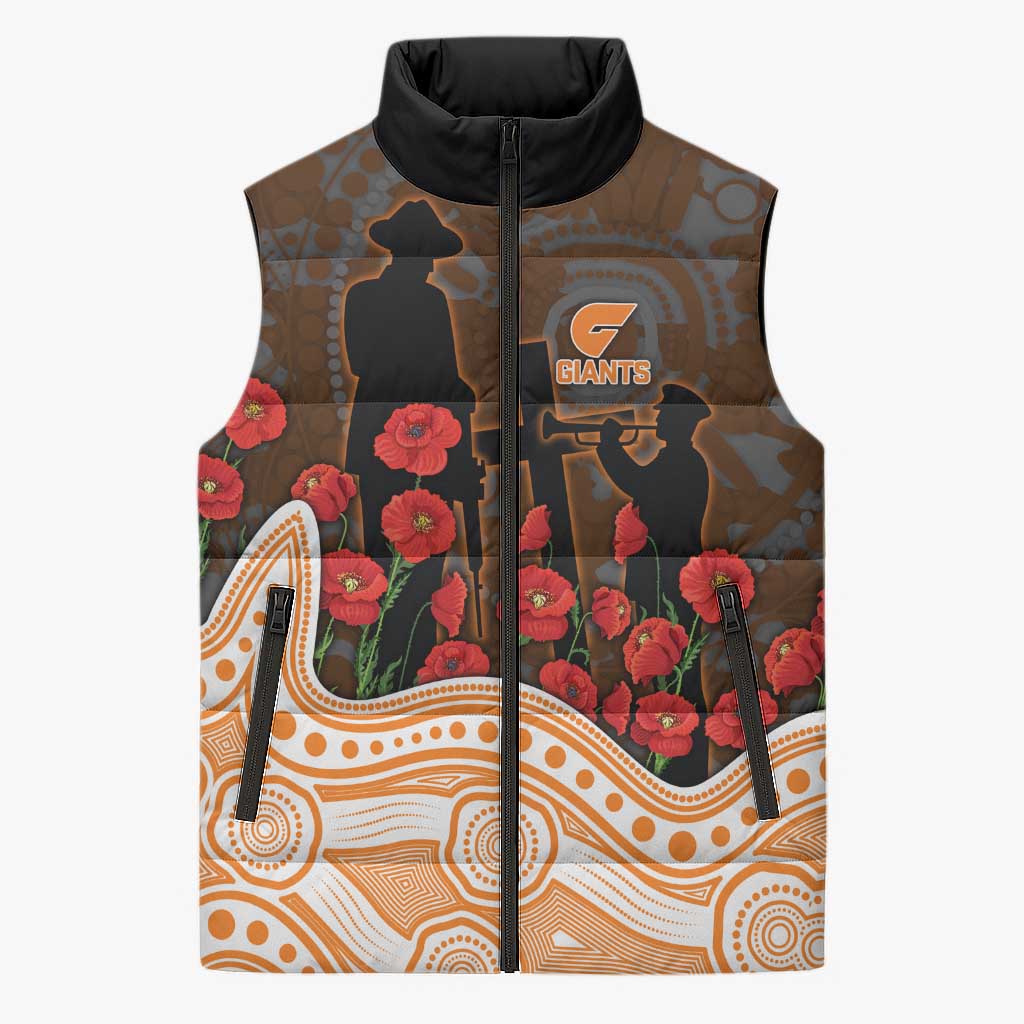 GWS Giants ANZAC Day Sleeveless Puffer Jacket Indigenous Dot Art with Poppy Flower Tribute