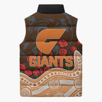 GWS Giants ANZAC Day Sleeveless Puffer Jacket Indigenous Dot Art with Poppy Flower Tribute