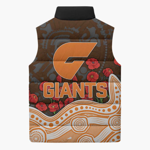 GWS Giants ANZAC Day Sleeveless Puffer Jacket Indigenous Dot Art with Poppy Flower Tribute