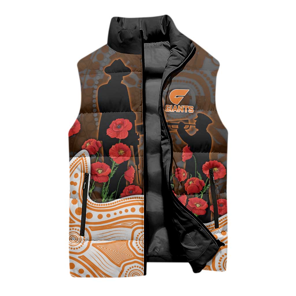 GWS Giants ANZAC Day Sleeveless Puffer Jacket Indigenous Dot Art with Poppy Flower Tribute