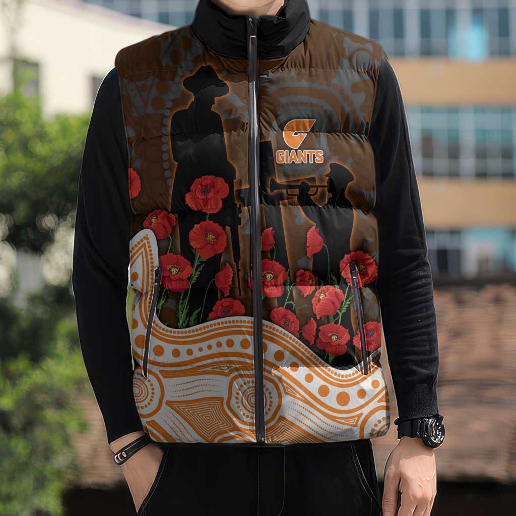 GWS Giants ANZAC Day Sleeveless Puffer Jacket Indigenous Dot Art with Poppy Flower Tribute