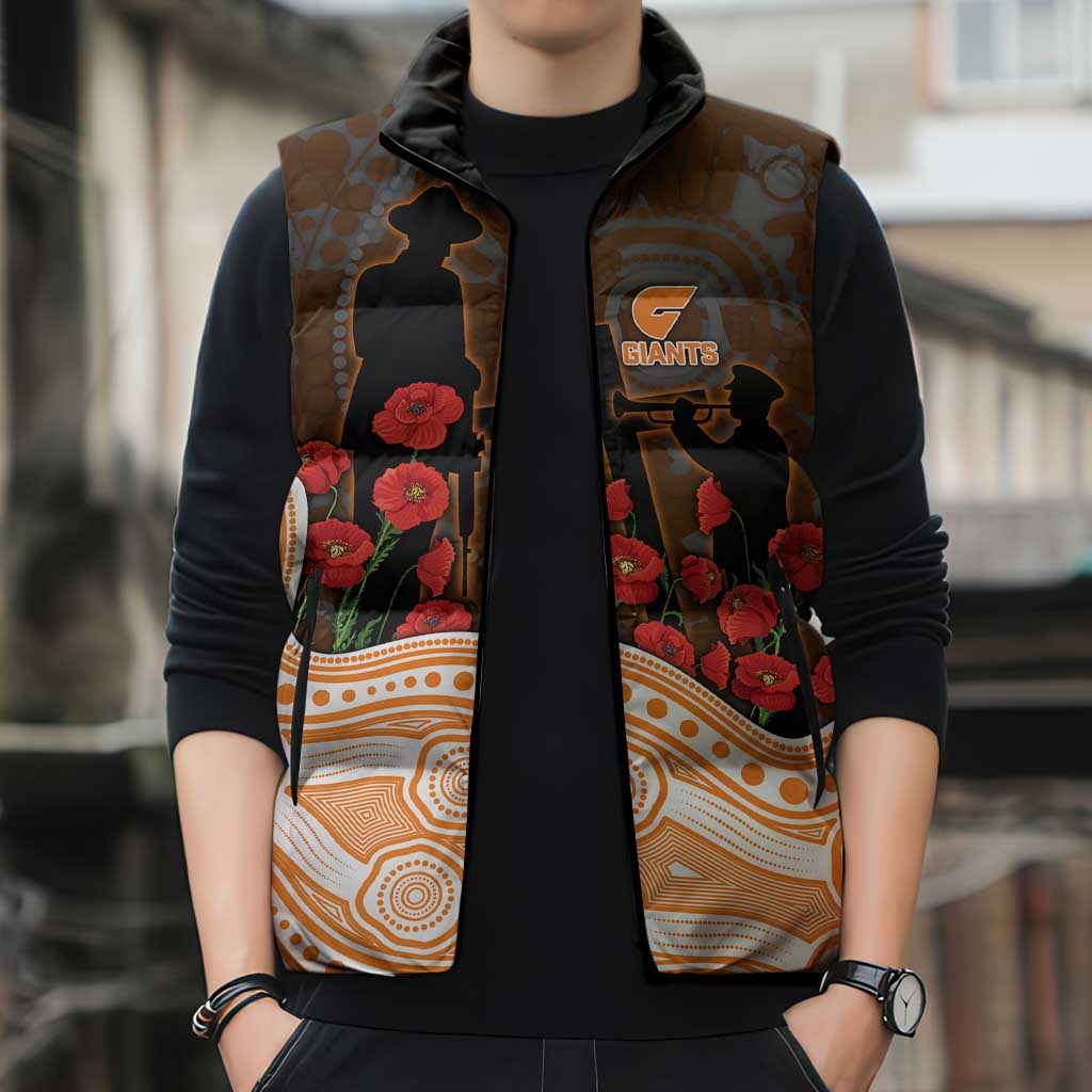 GWS Giants ANZAC Day Sleeveless Puffer Jacket Indigenous Dot Art with Poppy Flower Tribute